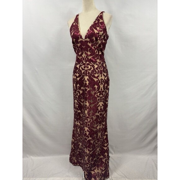 Dress the Population Maxi Dress Fleshtone Burgundy Red Sequins Large - Picture 3 of 12